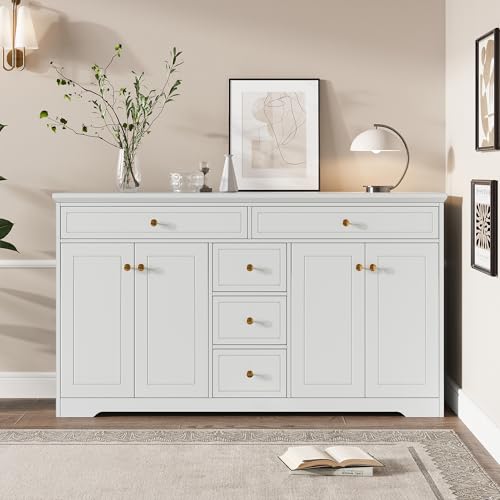 Zenithpath Kommode,Sideboard für das Schlafzimmer,Wohnzimmer, Beistelltisch mit 5 Schubladen,Schrank mit verstellbaren Einlegeböden und 4 Türen,150 x 40 x 85 cm Weiß von Zenithpath