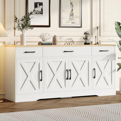 Zenithpath Kommode mit 3 Schubladen 4 Türen, Multifunktionsschrank aus Holz, Wohnzimmer-Esszimmerschrank,Sideboard mit Dekoration weiß von Zenithpath