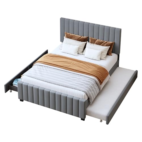 Zenithpath Polsterbett 140 x 190 cm,mit Ausziehbett und Zwei Schubladen,flaches Doppelbett in hautfreundlichem Samtstoff Kinderbett Jugendbett Gästebett (ohne Matratze) (Grau) von Zenithpath