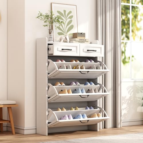Zenithpath Schuhschrank mit 3 Klappen und 2 Schubladen, Schmaler Schuhschrank Schuhkipper Dünn Moderne Schuhkommode für Eingang Flur, 80x125x23.5cm(BxHxT) von Zenithpath