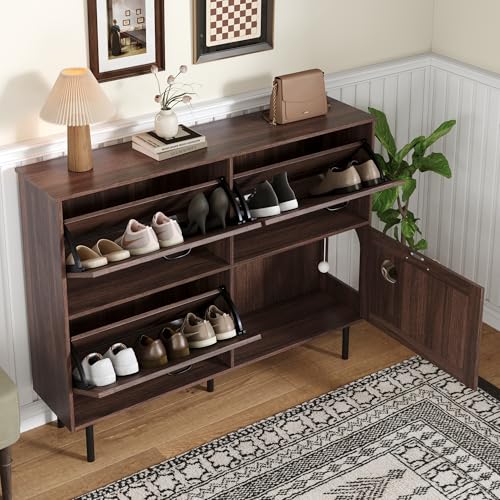 Zenithpath Schuhschrank mit 3 Klappen und Ablage für Tierspielzeug,Schuhkipper Dünn Moderne Schuhkommode für Eingang Flur,120x28x92cm(BxHxT) von Zenithpath
