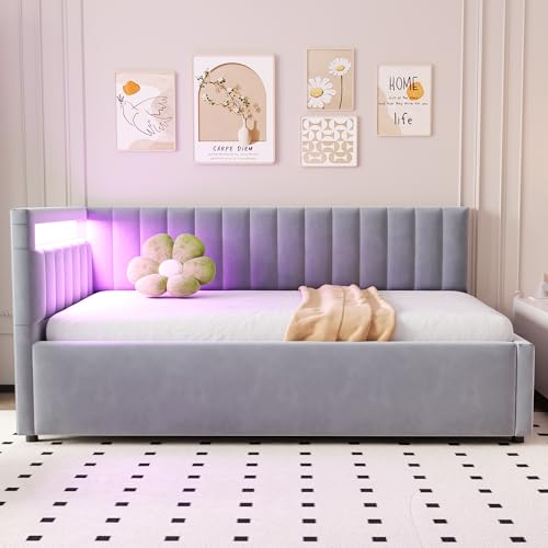 Zenithpath polsterbett 90x200,sofabett mit hydraulischem Stauraum, klassisches vertikales Streifendesign, seitliche Kopfteile mit austauschbaren Positionen,jugendbett Lattenrost,Hellgrau von Zenithpath