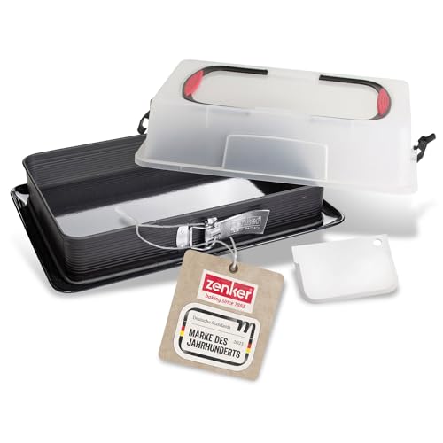 Zenker Rechteck-Springform mit Haube DELUXE, Kuchentransportbox mit Emaille-Boden, Backblech mit Deckel (Farbe: Schwarz/Transparent/Rot), Menge: 1 Stück von Zenker