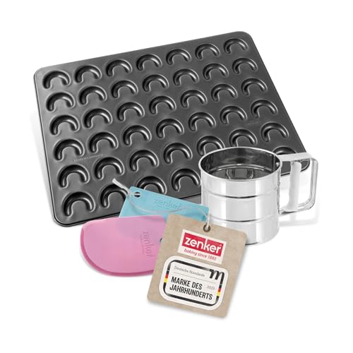 Zenker Vanillekipferl-Set, 42er-Kipferl-Backblech mit Antihaftbeschichtung, Teigschaber zum Bestreichen, Puderzuckersieb zum Bestreuen, Vanillekipferl einfach selbst backen, Menge: 1 x 3er Set Zenker Vanillekipferl-Set, 42er-Kipferl-Backblech mit Antihaftbeschichtung, Teigschaber zum Bestreichen, Puderzuckersieb zum Bestreuen, Vanillekipferl einfach selbst backen, Menge: 1 x 3er Set von Zenker