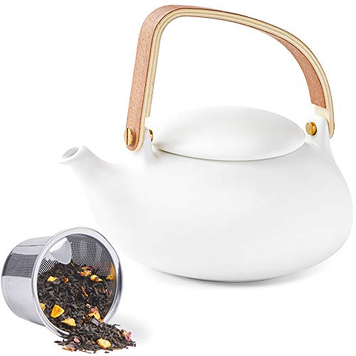 ZENS Modern Japanische Teekanne, 800ml Matte Weiß Teekanne Keramik mit Siebeinsatz, Holzgriff Klein Japanische Teekanne für Losen Tee, Weißer Tee, Grüner tee Stepper, Geschenk für Teeliebhaber von ZENS