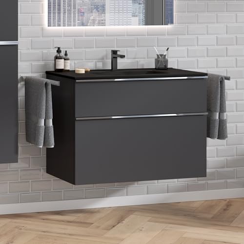 Zentrobad Griff Premium Waschbecken schwarz mit Unterschrank 100 cm Waschtisch Badmöbel Badezimmer Schrank Badschrank mit Zwei Schubladen (anthrazit matt lackiert) von Zentrobad