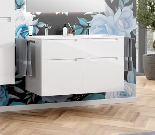 Zentrobad Premium Doppel-Waschbecken mit Unterschrank glänzend lackiert 120 cm Waschtisch Badmöbel Badezimmer Schrank Badschrank mit 4 Schubladen (Weiß glänzend) von Zentrobad