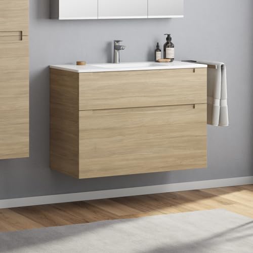 Zentrobad Premium Waschbecken mit Unterschrank 100 cm Eiche Natur Waschtisch Badmöbel Badezimmer Schrank Badschrank mit Zwei Schubladen von Zentrobad