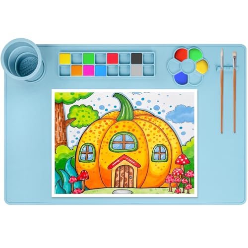 ZephyrCraft Silikon Malmatte für Kinder 60x40cm Abwaschbar, Bastelunterlage Groß mit Becher und Pinselhalter für Wasserfarben, DIY Projekte, Malen & Basteln (Blau) von ZephyrCraft