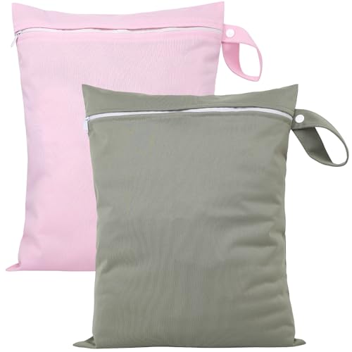 ZephyrCraft 2 Stück Wasserdichter Wet bag 40x30 cm, Wiederverwendbare Wäschebeutel für Reise & Waschmaschine mit Reißverschluss, Wäschesack für Badeanzüge, Sportkleidung, Windeln（Grau/Rosa） von ZephyrCraft