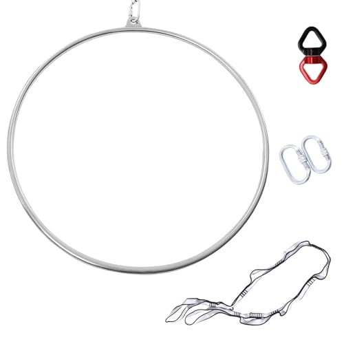 Aerial Set - Einzel Aerial Hoop Yoga Ringen, Zirkusluftausrüstung Yoga Hoop Edelstahl Aerial Ring Set, Professionelles Zirkus Fitness Aerial Hoop Kit mit Komplettem Rigging-Hardware-Kit,Silver-90cm von ZephyrGlow