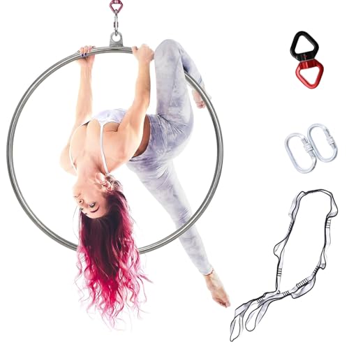 ZephyrGlow Aerial Hoop Set - Luft -Lyra -Hoop, Professionelles Zirkus Fitness Aerial Hoop Kit mit Komplettem Rigging-Hardware-Kit, Akrobatikausrüstung Hängende Ringe Zuhause,Silver-85cm von ZephyrGlow