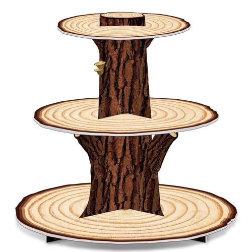 3 Etagen Cupcake Ständer Tortenständer Muffin Etagere aus Pappe im Baumstamm Design Holzoptik Faltbar für Kindergeburtstag Shower Hochzeit Waldparty Dessert Kuchen Cupcake Präsentation Deko Aufsteller von ZephyrHome