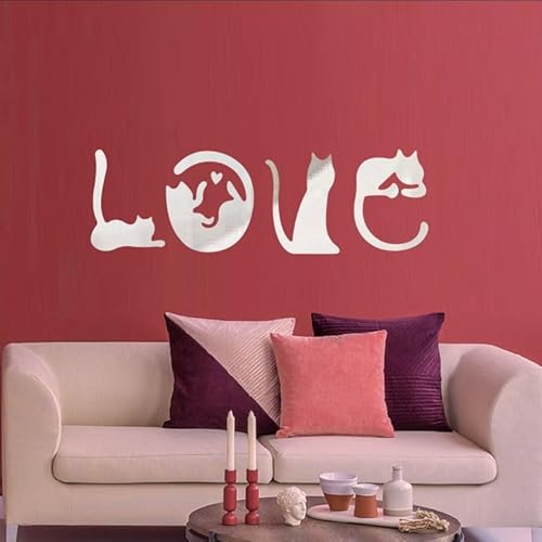 4Pack Selbstklebend Silberne Katzen Wanddeko aus Katzen-Liebe, Selbstklebend, Kein Bohren - Stilvolle Deko für Zuhause,Büro,Hotel-Silberne Love Schrift Wanddekoration für Schlafzimmer,Flur,Wohnzimmer von ZephyrHome