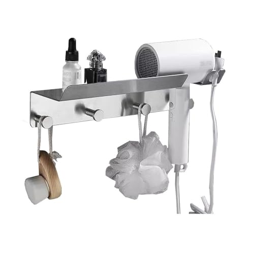 Badezimmerregale, Badezimmerregal, multifunktionales Aufbewahrungsregal aus gebürstetem Edelstahl mit Haartrocknerhalter und 4 Haken, selbstklebendes Badezimmerregal zur Wandmontage , für Badezimmer/W von Zephyria