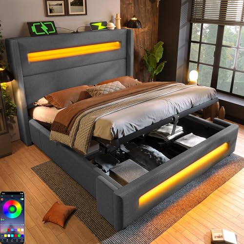Bett 160x200 mit LED und USB C, Polsterbett 160x200 cm mit Kopfteil und Stauraum, Doppelbett Hydraulisches mit Holzlatten Lattenrost, Metallbettrahmen Jugendbett Grau Leinen(Ohne Matratze) von Zepneiy