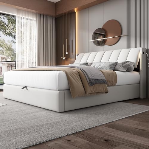 Bett 180x200 mit LED und USB, Polsterbett 180x200cm mit Verstellbares Kopfteil und Stauraum, Doppelbett mit Lattenrost, Stauraumbett Hydraulisches Jugendbett Binaurales Bettgestell aus PU, Weiß von Zepneiy