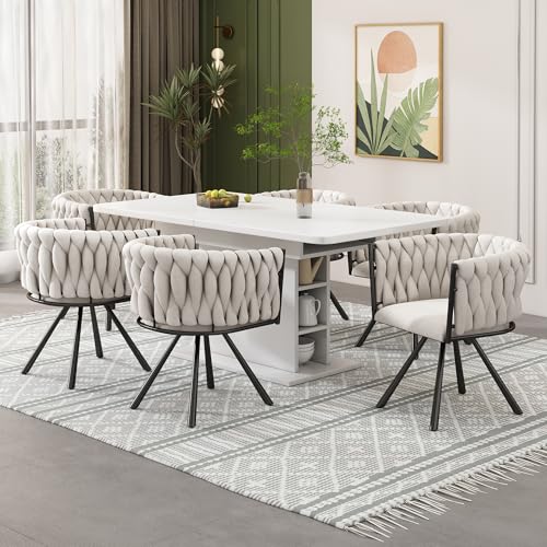 Esszimmerstühle 4er Set drehbar, Freizeit Drehstuhl Vier Stützbeinen aus Metall, Stuhl Aus Leinen Beige+Schwarz von Zepneiy