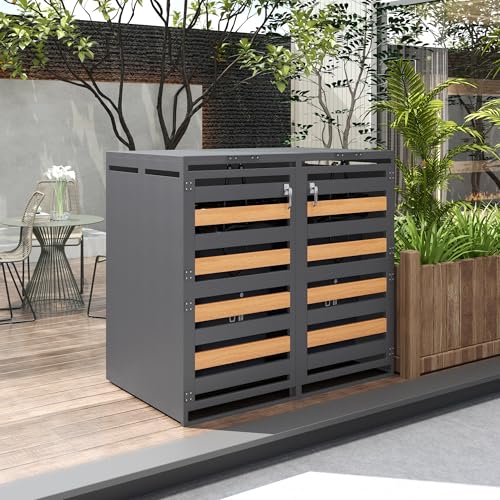 Mülltonnenbox 2er, Fasst 2 Mülltonnenbox von 120-240 Litern, Gartenbox abschließbar mit Belüftungslöchern, Aus erzinktem Blech Anthrazit (Enthält keinen eingebauten Mülleimer) von Zepneiy