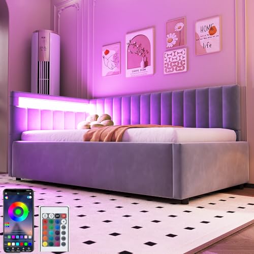 Schlafsofa 90x200 mit LED und hydraulischem Stauraumseitliche, Polsterbett Einzelbett mit Kopfteile austauschbaren Positionen,Jugendbett Bettgestell mit Lattenrost, Samt Hellgrau(Ohne Matratze) von Zepneiy