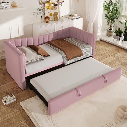 Schlafsofa 90x200 mit Ziehbett, Polsterbett mit Lattenrost, Minimalistischer Stil Multifunktionsbett Aus Samt Rose (Ohne Matratze) von Zepneiy