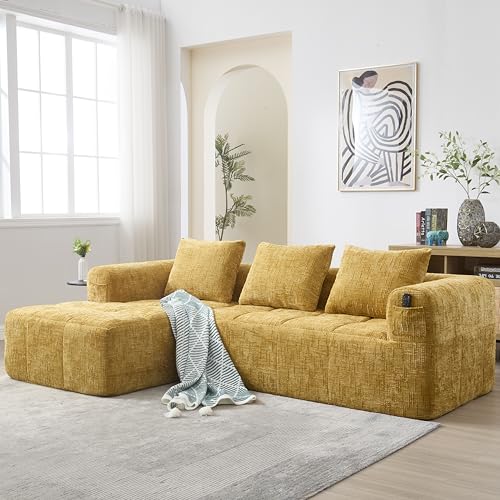Sofa mit Schlaffunktion, Big Sofa 3 Sitzer L Form Modernes Design, Polstermöbel Loungesessel mit Chaiselongue Armlehnen und 3 Kissen, Wohnzimmer Möbel Schlafsofa für Wohnzimmer Villa, Chenille Yellow von Zepneiy