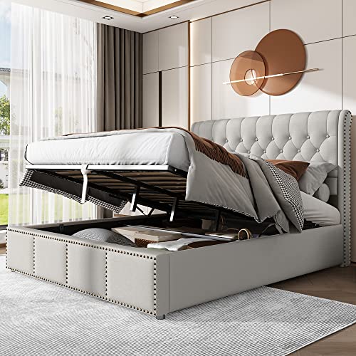 Zepneiy Bett 140x190 mit Nietenverzierung, Polsterbett 140x190 mit Aufbewahrung von Bettkästen, Doppelbett mit Lattenrost, Jugendbett Modernes Bettgestell Aus Leinen Hellgrau (Ohne Matratze) von Zepneiy