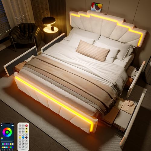 Zepneiy Bett 140x200 mit LED und USB, Polsterbett 140x200 mit 4 Schubladen, Doppelbett mit Lattenrost et einzigartigem trapezförmigem Kopfteil, Modernes Bettgestell Aus Samt Beige(Ohne Matratze) von Zepneiy