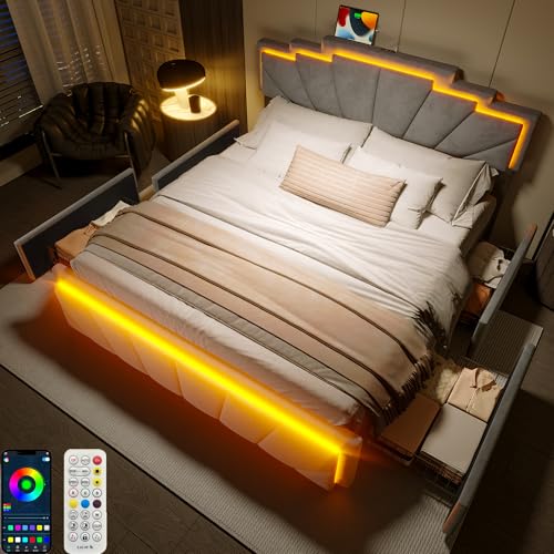 Zepneiy Bett 140x200 mit LED und USB, Polsterbett 140x200 mit 4 Schubladen, Doppelbett mit Lattenrost et einzigartigem trapezförmigem Kopfteil, Modernes Bettgestell Aus Samt DarkGrau(Ohne Matratze) von Zepneiy