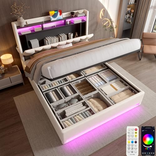 Zepneiy Bett 140x200 mit LED und USB, Polsterbett 140x200 mit Stauraum und Kopfteil, Doppelbett mit Lattenrost Hydraulisches Jugendbett Modernes Bettgestell, Aus Samt Beige(Ohne Matratze) von Zepneiy