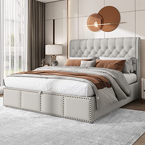 Zepneiy Bett 140x200 mit Nietenverzierung, Polsterbett 140x190 mit Aufbewahrung von Bettkästen, Doppelbett mit Lattenrost, Jugendbett Modernes Bettgestell Aus Leinen Hellgrau (Ohne Matratze) von Zepneiy