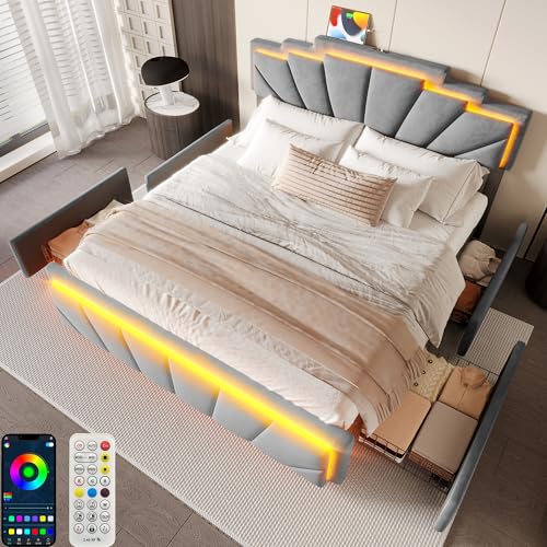 Zepneiy Bett 160x200 mit LED und USB, Polsterbett 160x200 mit 4 Schubladen, Doppelbett mit Lattenrost et einzigartigem trapezförmigem Kopfteil, Modernes Bettgestell Aus Samt DarkGrau(Ohne Matratze) von Zepneiy