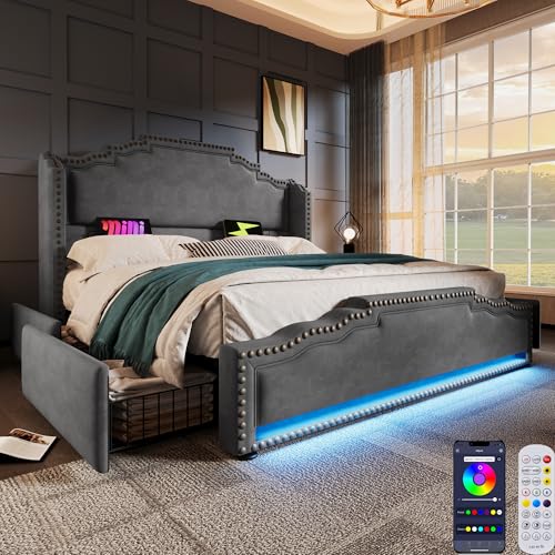 Zepneiy Bett 160×200 mit LED und USB, Polsterbett 160×200 mit 4 Schubladen, Doppelbett mit Lattenrost und Kopfteil, Stauraumbett Jugendbett Bettgestell Samt Grau (Ohne Matratze) von Zepneiy