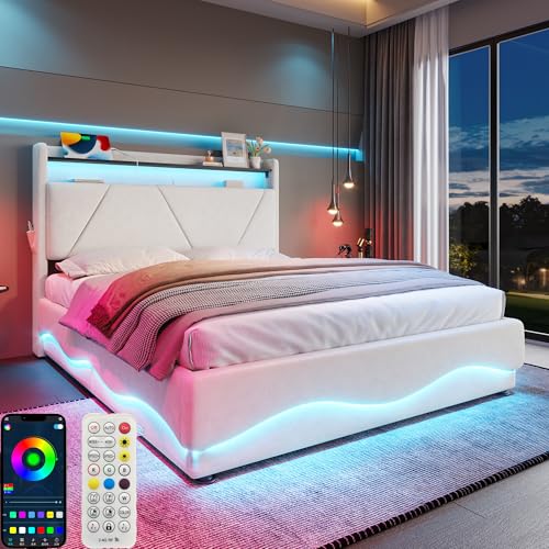 Zepneiy Bett 160x200 mit LED und USB, Polsterbett 160x200 mit Stauraum und Kopfteil, Doppelbett mit Lattenrost, Jugendbett Bettgestell Aus Samt Beige(Ohne Matratze) von Zepneiy