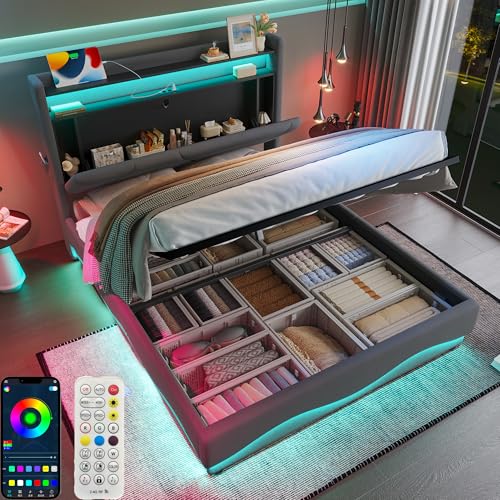 Zepneiy Bett 160x200 mit LED und USB, Polsterbett 160x200 mit Stauraum und Kopfteil, Doppelbett mit Lattenrost, Jugendbett Bettgestell Aus Samt Dunkelgrau(Ohne Matratze) von Zepneiy