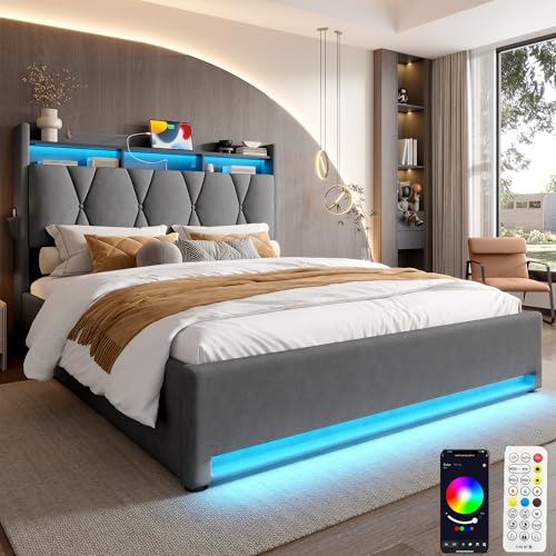 Zepneiy Bett 160x200 mit LED und USB, Polsterbett 160x200 mit Stauraum und Kopfteil, Doppelbett mit Lattenrost Hydraulisches Jugendbett Modernes Bettgestell, Aus Samt Dunkelgrau(Ohne Matratze) von Zepneiy