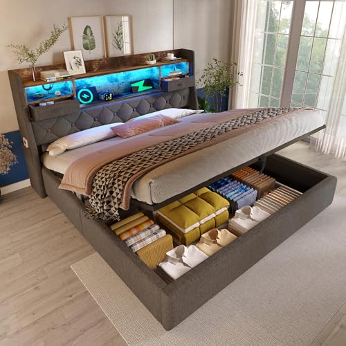 Zepneiy Bett 180 x 200 cm mit 4 USB Typ-C und LED-Kopfteil, Doppelbett mit hydraulischer Box und Lattenrost, gepolsterter Rahmen 180 x 200 cm, aus grauem Leinenstoff (ohne Matratze) von Zepneiy