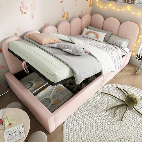 Zepneiy Bett 90x190 mit hydraulischem Stauraum, Schlafsofa mit Seitenteile sind austauschbar, Polsterbett mit Metall Lattenrost, Kinderbett 90x190 Aus Samt Rose(Ohne Matratze) von Zepneiy