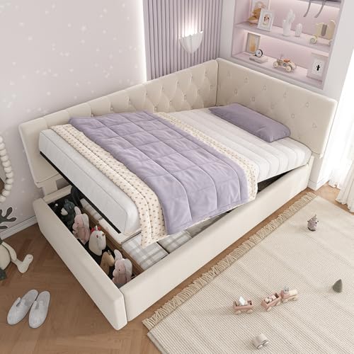 Zepneiy Bett 90x200 mit hydraulischem Stauraum, Schlafsofa Polsterbett mit Lattenrost aus Holz, Kinderbett Jugendbett Bettgestell 90x200 Aus Samt Beige(Ohne Matratze) von Zepneiy