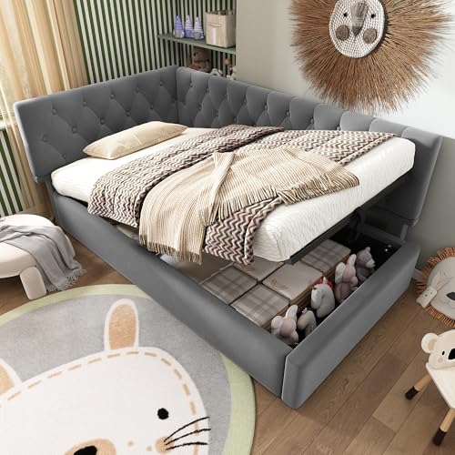 Zepneiy Bett 90x200 mit hydraulischem Stauraum, Schlafsofa Polsterbett mit Lattenrost aus Holz, Kinderbett Jugendbett Bettgestell 90x200 Aus Samt Grau(Ohne Matratze) von Zepneiy