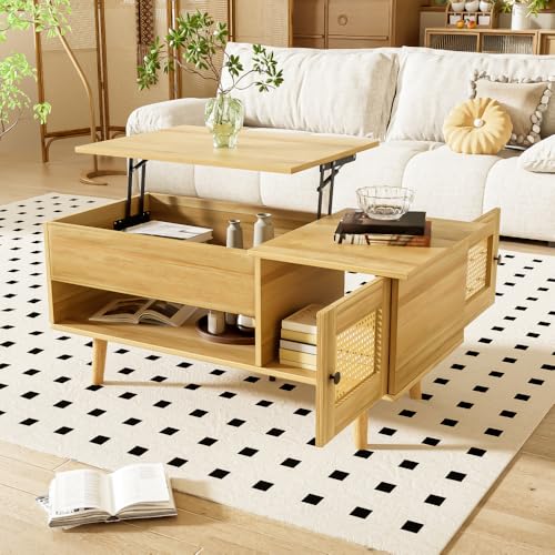 Zepneiy Eleganter Couchtisch mit anhebbarer Tischplatte und Rattan-Türen, Holzfarbe mit schwarzen Akzenten, ideal für das Wohnzimmer – Praktischer Stauraum und funktionales Design von Zepneiy