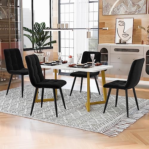 Zepneiy Esstisch mit 4 Stühlen Set, Rechteckiger Esstischkom 117x68 mit MDF Tischplatte in Weißerund Golden Tischbeine, Moderner Esszimmerstuhl mit Schwarz Samt von Zepneiy