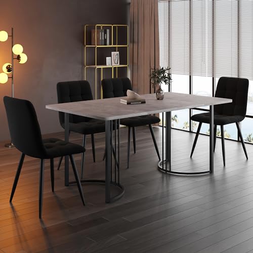 Zepneiy Esstisch mit 4 Stühlen Set, Rechteckiger Esstischkom 140×80 mit MDF Tischplatte in Grau und Black Tischbeine, Moderner Esszimmerstuhl mit Schwarz Samt von Zepneiy