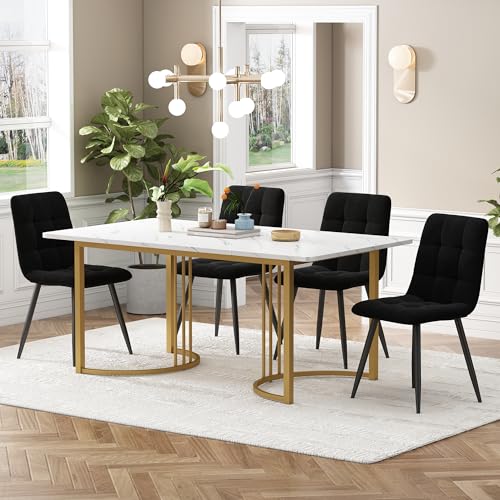 Zepneiy Esstisch mit 4 Stühlen Set, Rechteckiger Esstischkom 140×80 mit MDF Tischplatte in Weißer und Golden Tischbeine, Moderner Esszimmerstuhl mit Schwarz Samt von Zepneiy