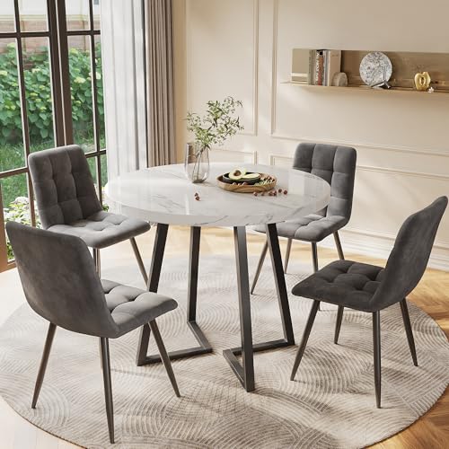 Zepneiy Esstisch mit 4 stühlen, Esstisch Rund mit 80 cm Durchmesse und Weiße MDF Tischplatte, Küchentisch Set mit schwarzen Metallbeinen und DunkelGraue Samt Esszimmerstuhl von Zepneiy
