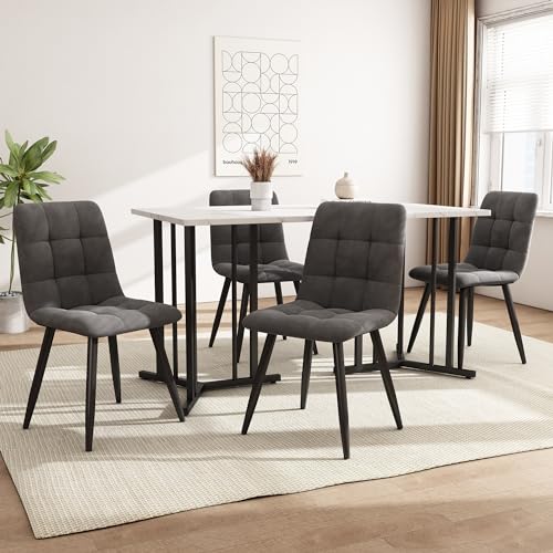 Zepneiy Esstisch mit 4 stühlen, Esstisch mit 140x80cm Durchmesse und Weiße MDF Tischplatte mit Schwarz Metallbeinen und Dunkelgrau Samt Esszimmerstuhl von Zepneiy
