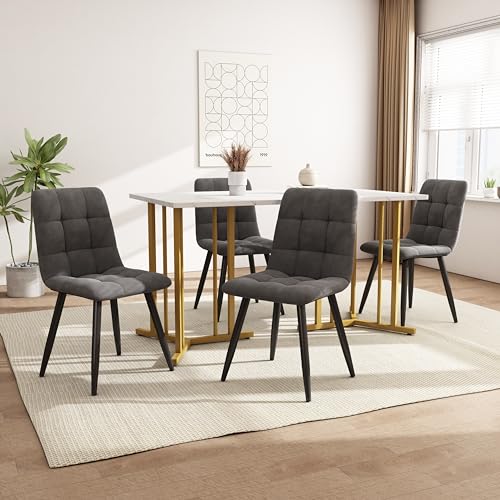 Zepneiy Esstisch mit 4 stühlen, Esstisch mit 140x80cm Durchmesse und Weiße MDF Tischplatte mit goldenen Metallbeinen und Dunkelgrau Samt Esszimmerstuhl von Zepneiy