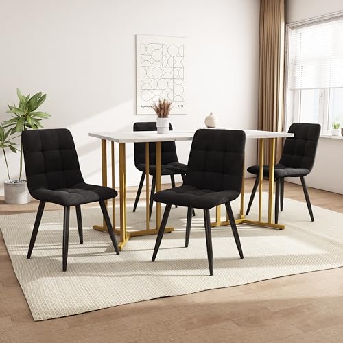 Zepneiy Esstisch mit 4 stühlen, Esstisch mit 140x80cm Durchmesse und Weiße MDF Tischplatte mit goldenen Metallbeinen und Dunkelgrau Schwar Samt Esszimmerstuhl von Zepneiy
