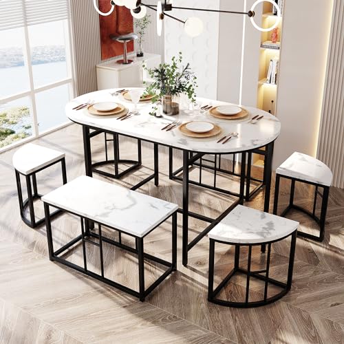 Zepneiy Esstisch mit 6 stühlen Set, Moderne Esstischkombination Essgruppe mit weißen MDF-Sitzfläche und schwarzen Eisenrahmen von Zepneiy