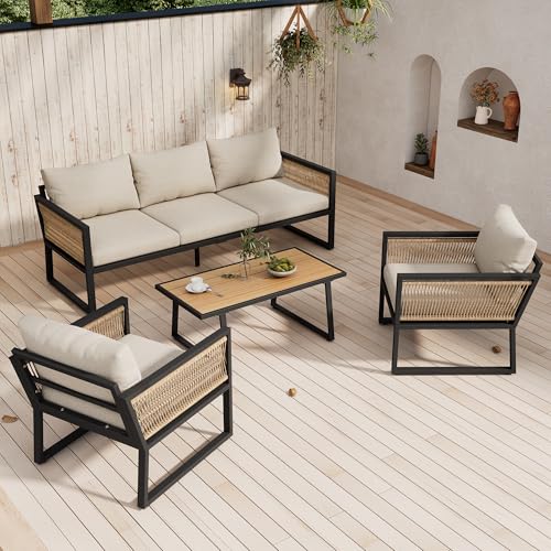 Zepneiy Gartenliege-Set für den Außenbereich, 4-teilig, bestehend aus 1 Sofa, 2 Sesseln und einem Couchtisch mit Holzplatte aus Kunststoff, Beige (inkl. Kissen) von Zepneiy